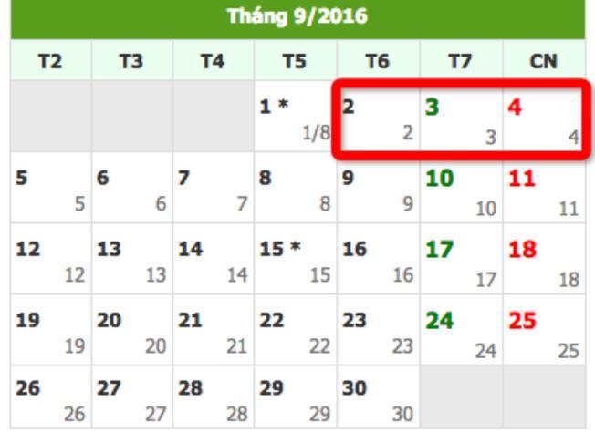 Lịch nghỉ lễ Quốc khánh 2/9/2016